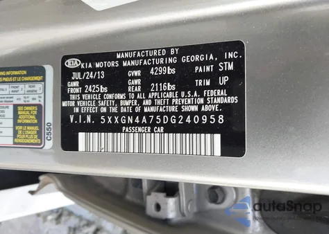 2013 Kia Optima Ex z USA, uszkodzony, nr VIN 5XXGN4A75DG240958